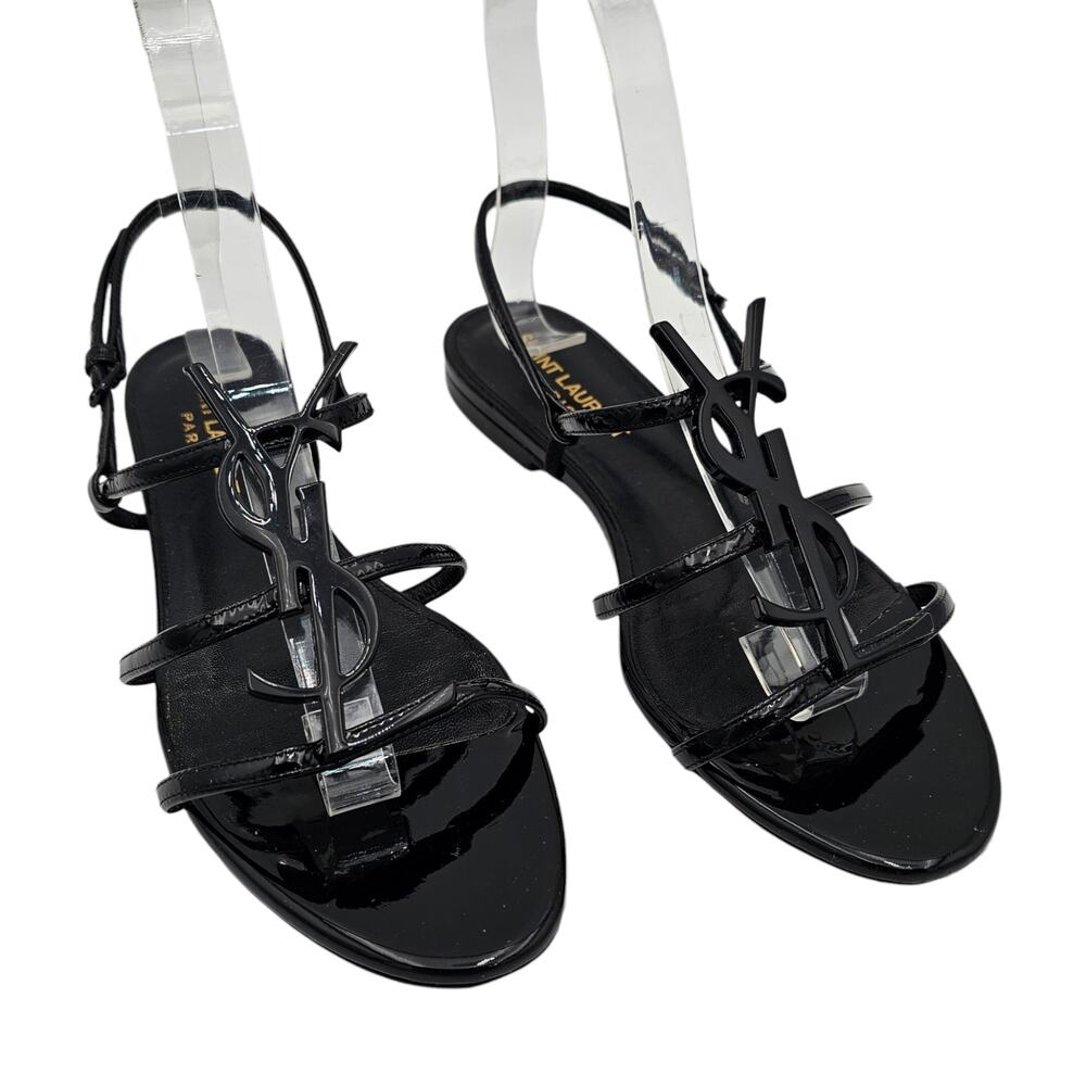 Saint Laurent YSL Cassandra Flat Strap Sandal Black Patent Leather Size 37 US 7 - Picture 3 of 11